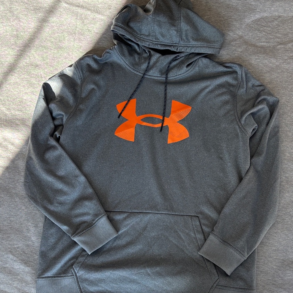 Like New! Mens Under Armour Charcoal Hoodie with Vibrant Orange Logo Size 2XL